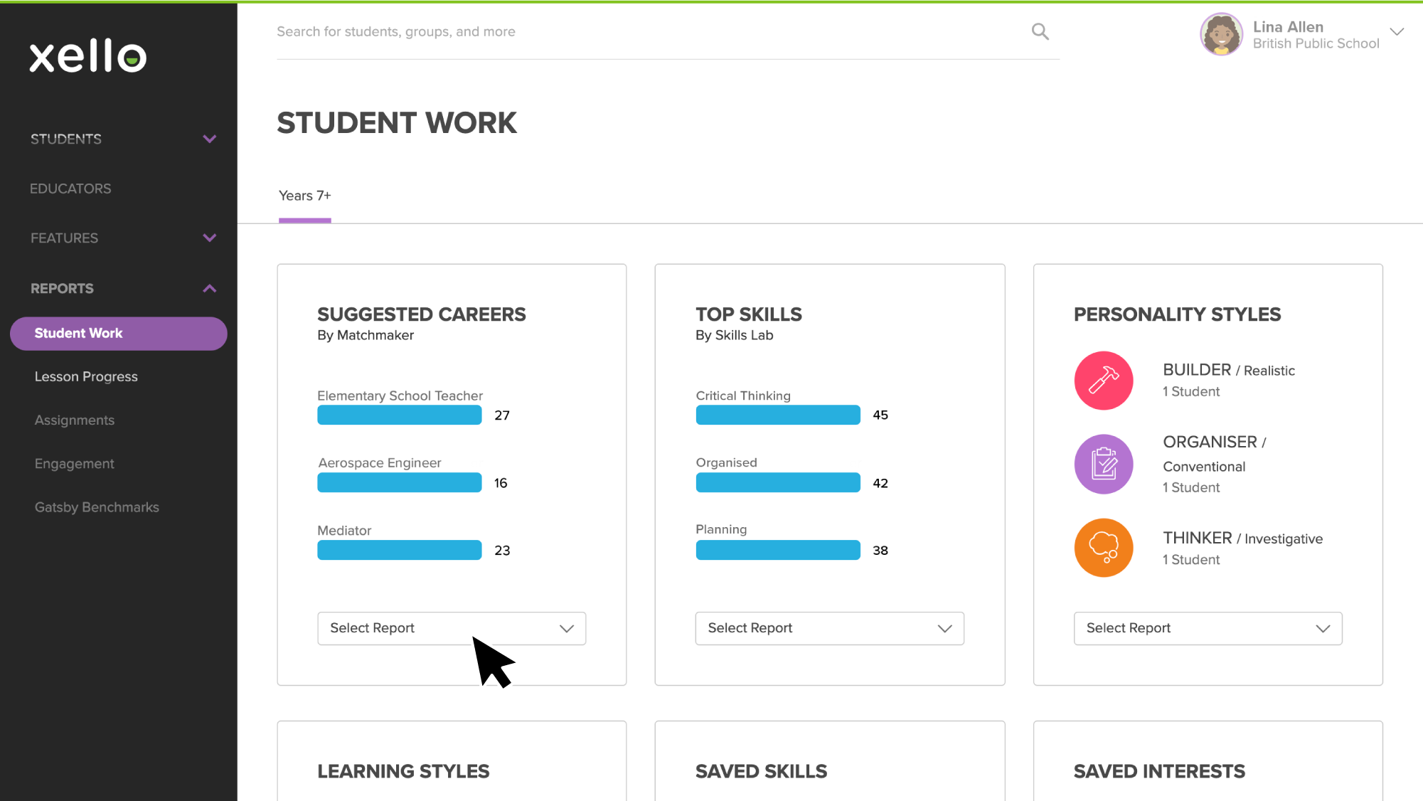 Student Work reports with the Grades 6-12 tab open and cursor hovering over Suggested Careers